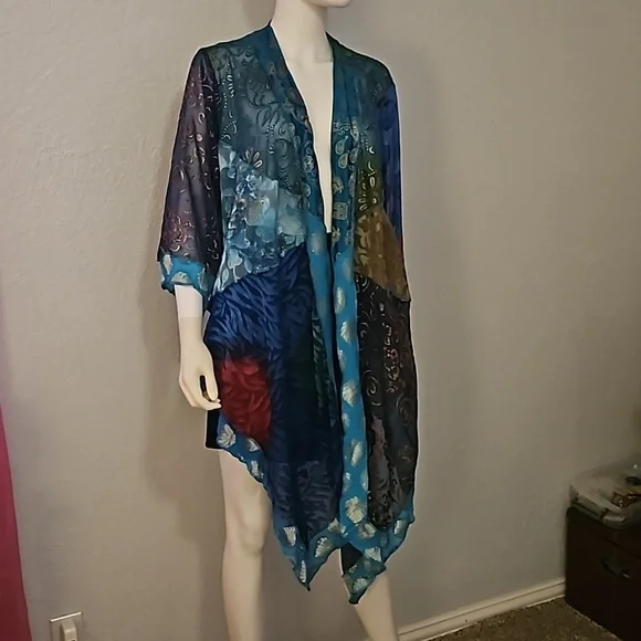 STERLING STYLES 1990s Mixed Print Metallic Patchwork Assymetric Kimono - Picture 2 of 11